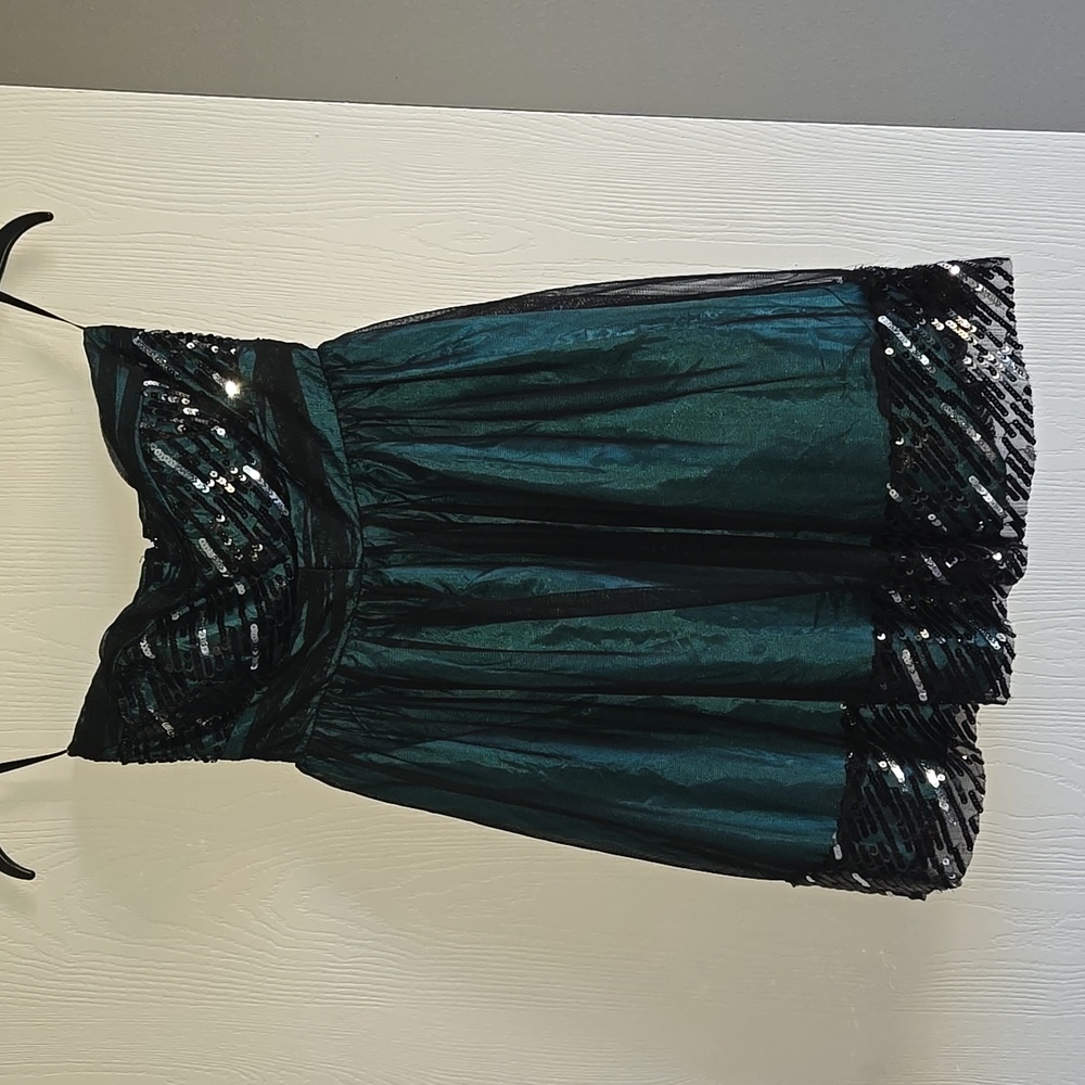 EUC emerald green strapless dress with black silver sequins and black organza